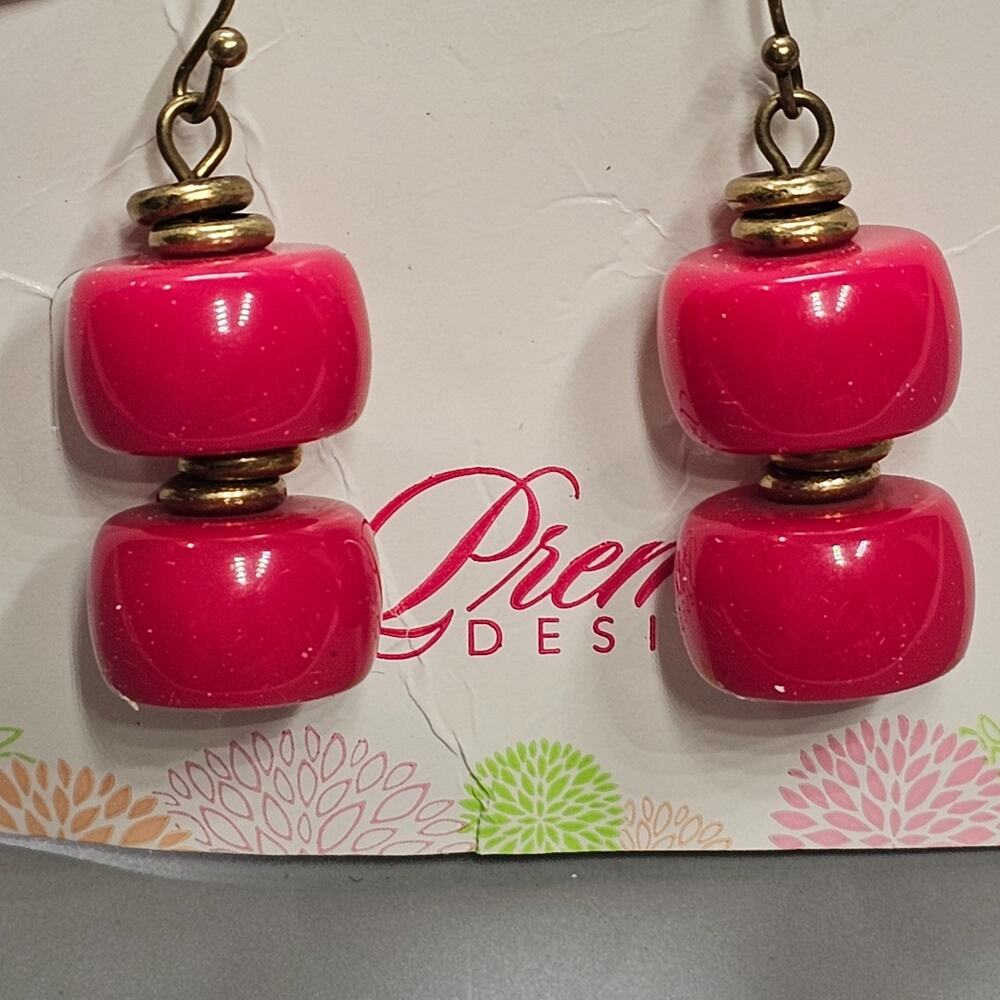 Premier Designs LIPSTICK Drop Earrings Fuschia Hot Pink Brass Plated Pierced NEW